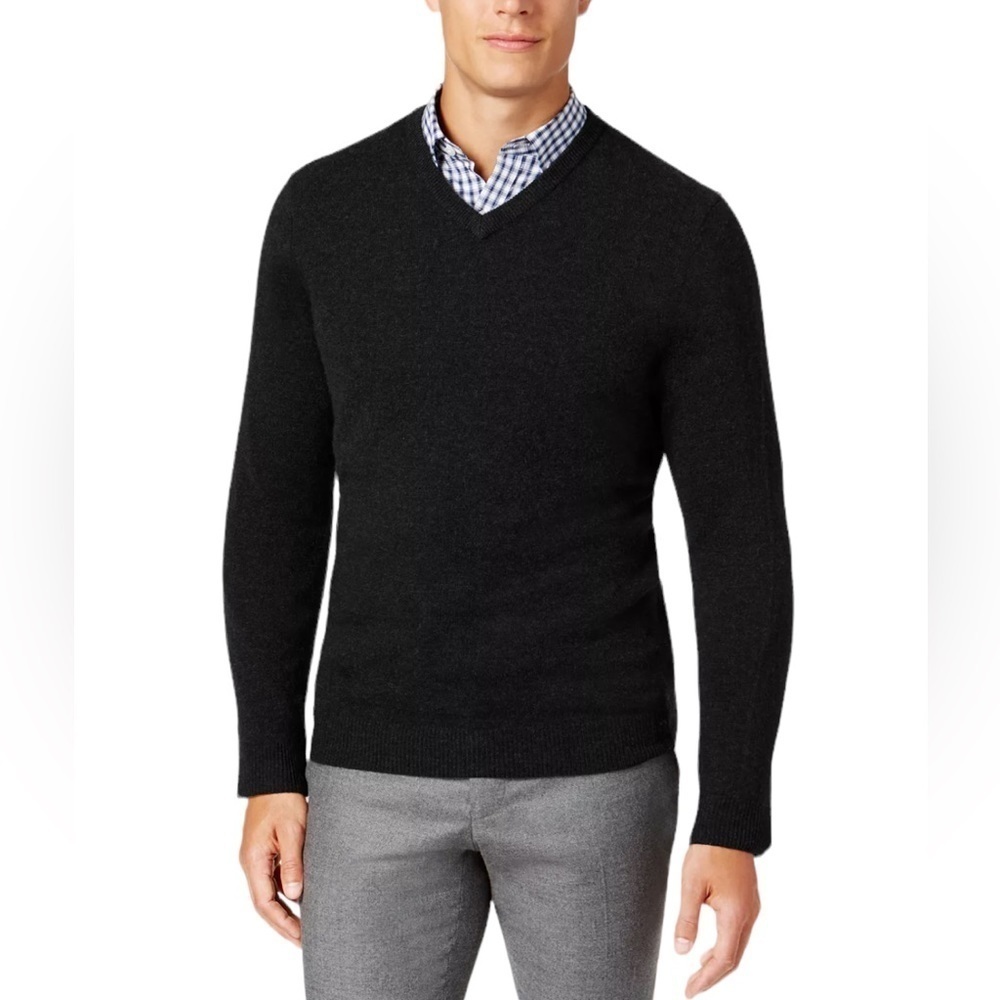 Charter‎ Club Mens 100% Cashmere Black V Neck Long Sleeve Sweater Large
